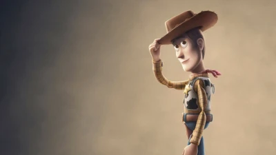 Woody aus Toy Story 4, der seinen Hut in einer klassischen Cowboy-Pose abnimmt.