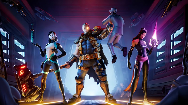 Группа людей стоит в комнате с включенными огнями (x force, фортнайт, fortnite, fortnite battle royale, видеоигра)