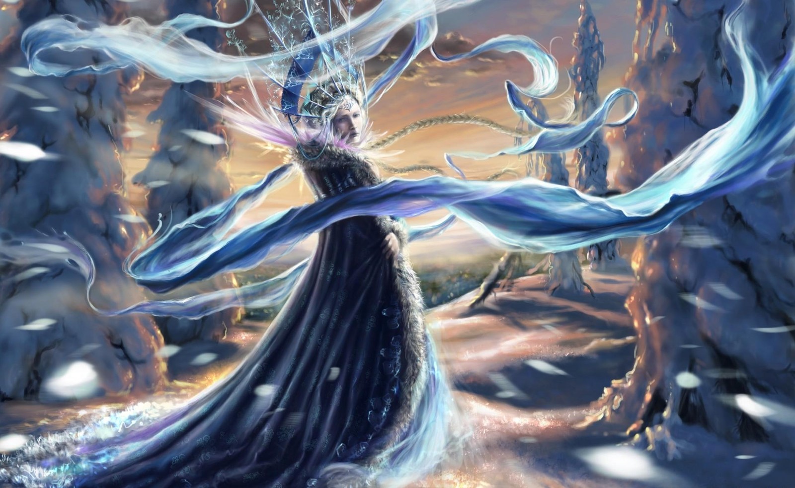 A woman in a long dress is standing in the snow (water, dragon, mythical creature, art, illustration)