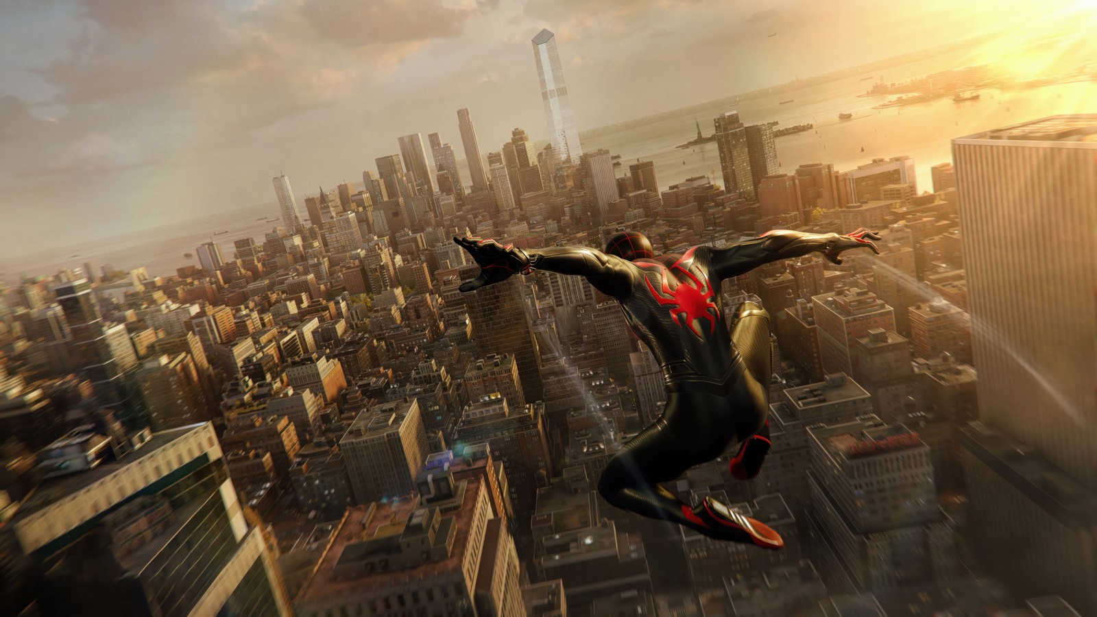 Spider-man saute au-dessus de la ville dans le jeu vidéo the amazing spider-man (miles morales, marvel spider man 2, marvels spider man 2, jeu vidéo, marvel)