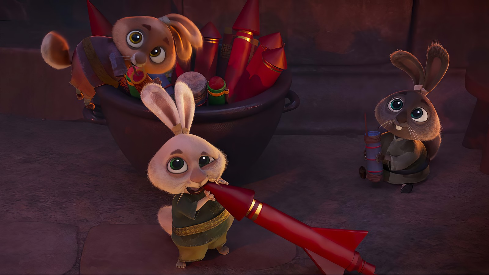 Jirafas y un conejo están de pie en un balde com un objeto rojo (kung fu panda 4, película, bad bunnies)