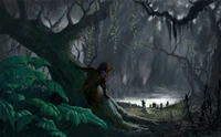 A mysterious figure observes a gathering in a shadowy, enchanted forest, surrounded by ancient trees and lush foliage, evoking a sense of dark fantasy and intrigue.