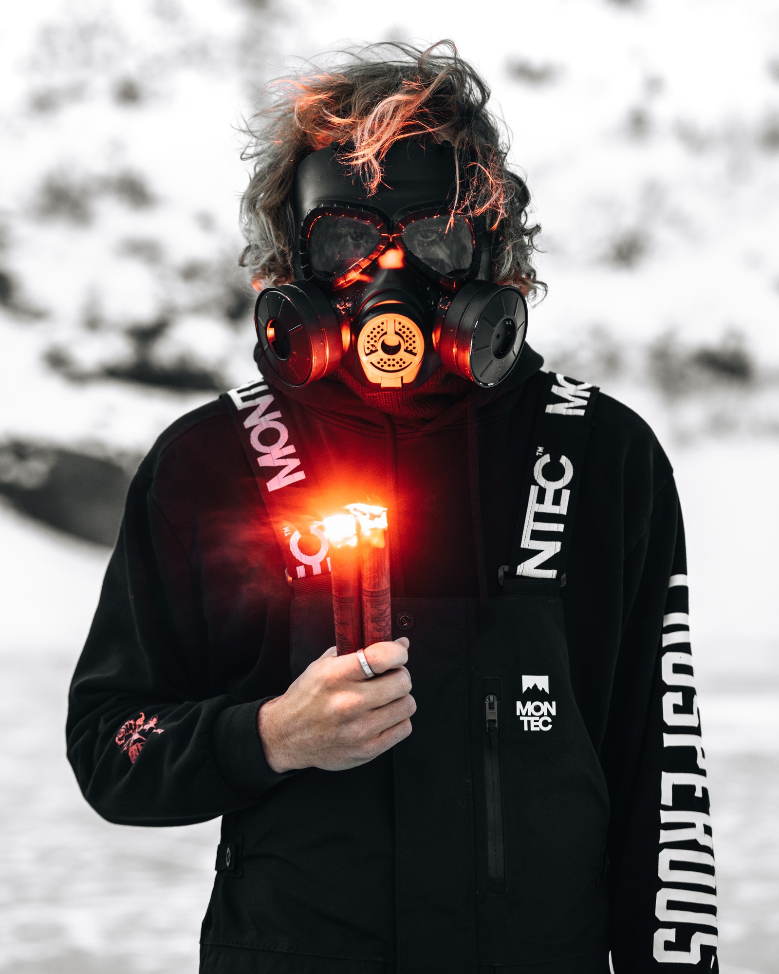 gas mask, hoodie, person, flare, adventure wallpaper