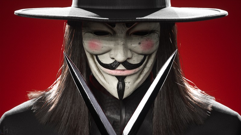 Крупный план человека в маске и шляпе (v значит вендетта, v for vendetta, кинжал, анонимный, маска)