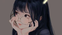 Chica anime feliz con gafas y cabello largo oscuro