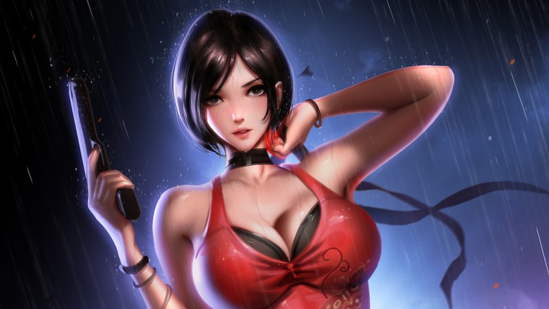 Женщина в красном платье с оружием под дождем (ада вонг, ada wong, resident evil 2, re2, ремейк)