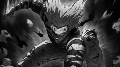 Garou de One Punch Man libera seu poder feroz em uma postura de batalha dinâmica.