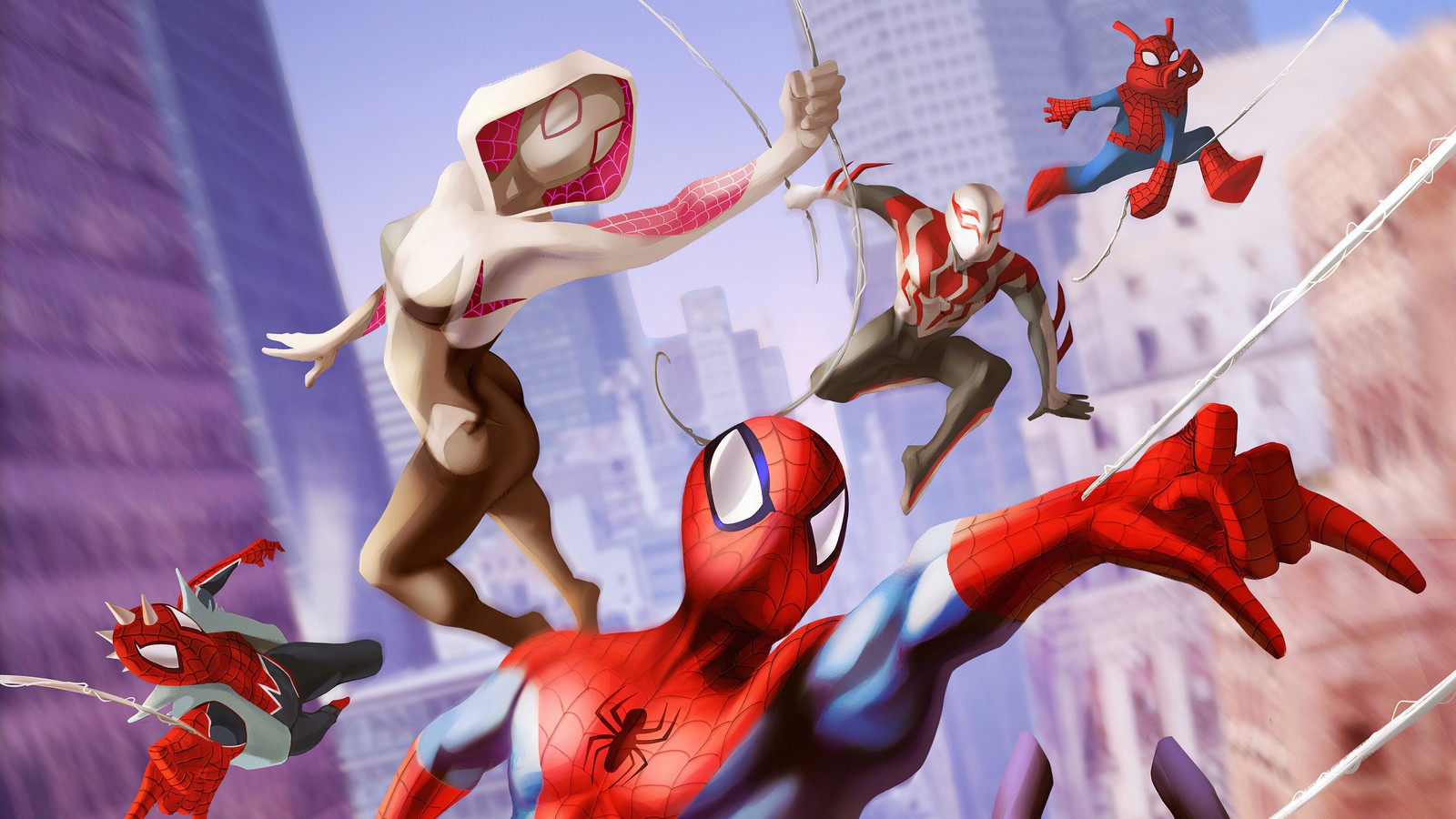 Spider - man and his friends are hanging on a rope in the city (spider man, spider gwen, spider man 2099, spider ham, spider punk)