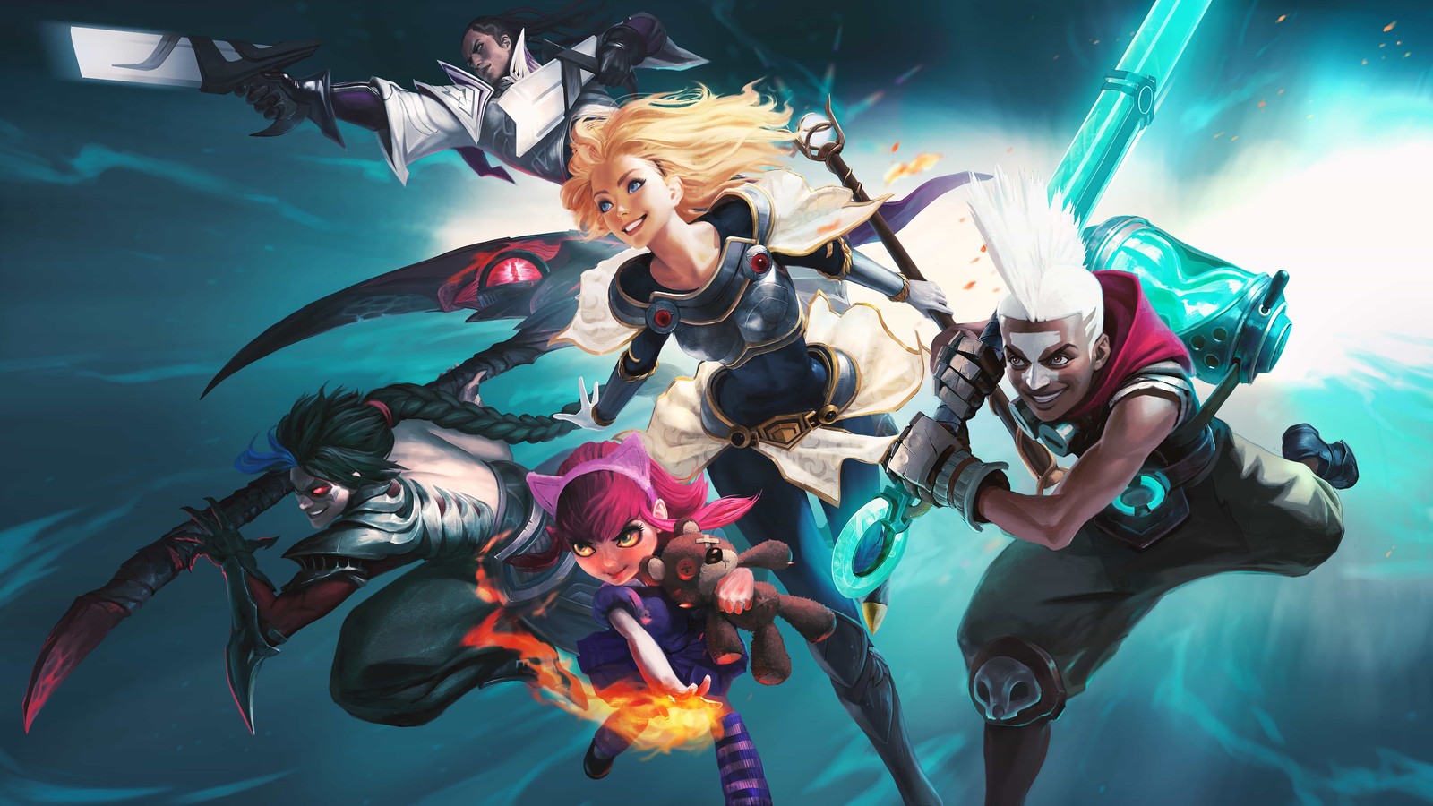 Personajes de league of legends en grupo (lujo, annie, ekko, kayn, lucian)