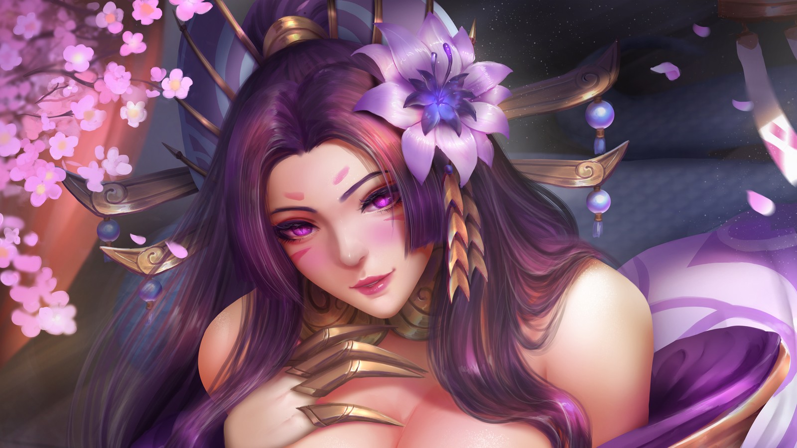 Uma mulher com cabelo roxo e um vestido roxo posando na frente de uma árvore (cassiopeia, lol, league of legends, jogo de vídeo, flor espiritual)