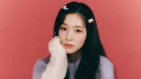 Irene from Red Velvet with soft makeup and a cozy sweater, adorned with pastel hair clips, set against a warm pink background.