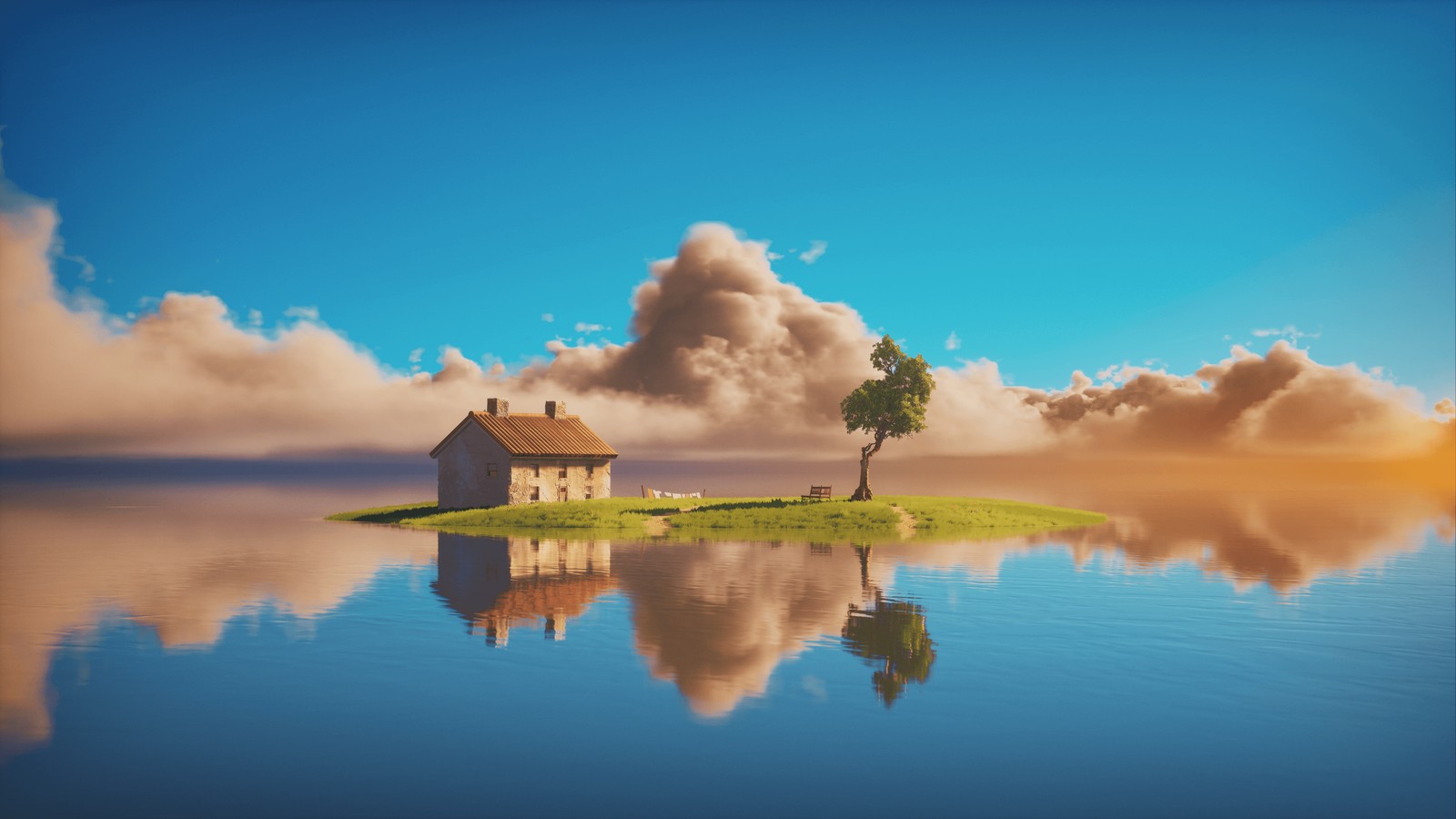 A close up of a house on a small island with a tree (island, sunny day, daylight, blue sky, house)