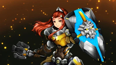 Brigitte do Overwatch em armadura vibrante, empunhando um martelo e um escudo.