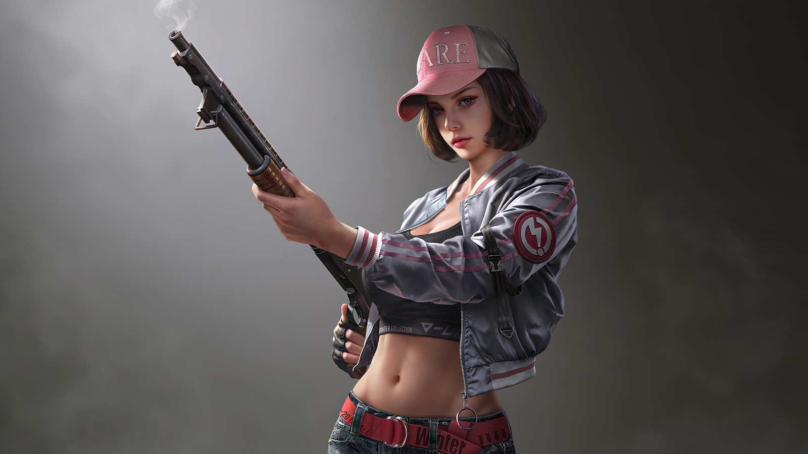 Une femme portant une casquette de baseball tenant une arme dans une pièce sombre (playerunknowns battlegrounds, jeu vidéo, filles, fusil à pompe)