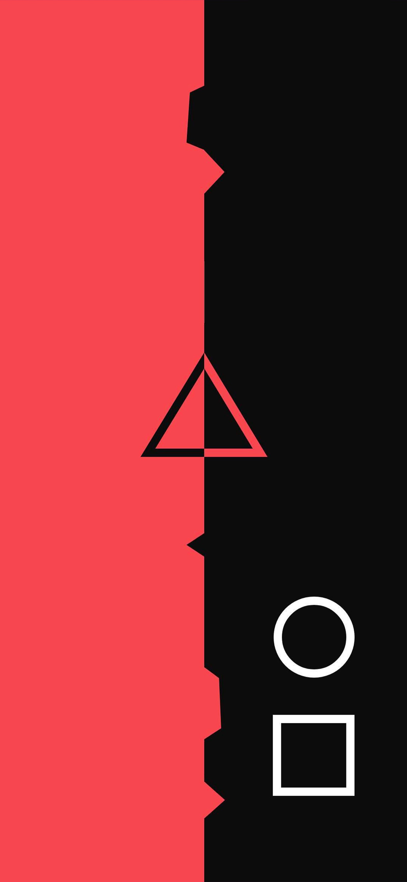 A close up of a black and red wall with a triangle and a square (squid game, triangle, symbol, magenta, logo)