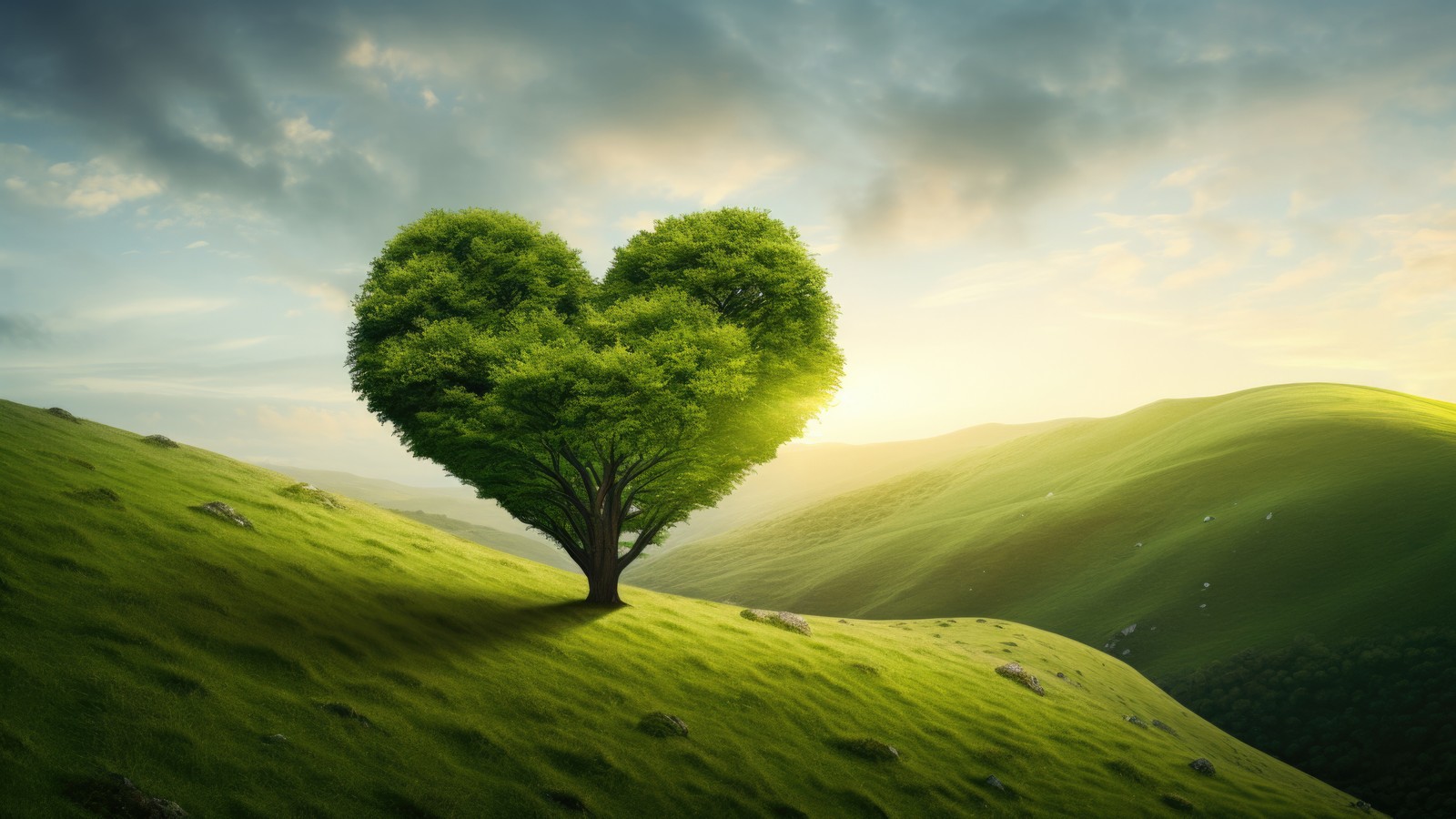 Un arbre en forme de cœur sur une colline avec un fond de ciel (cœur damour, arbre vert, paysage, esthétique, art dia)