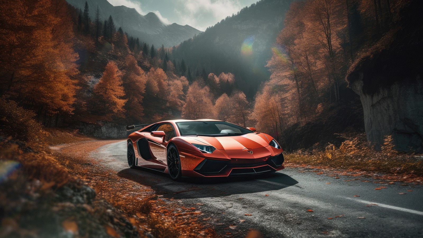 Un coche deportivo rojo conduciendo por una carretera en las montañas (lamborghini aventador, fondo de otoño, roadway, estética naranja, 5k)