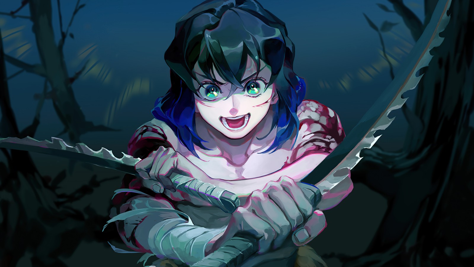 Eine nahaufnahme einer person, die ein messer im wald hält (inosuke hashibira, dämonentöter kimetsu no yaiba, demon slayer kimetsu no yaiba, anime, kimetsu no yaiba)