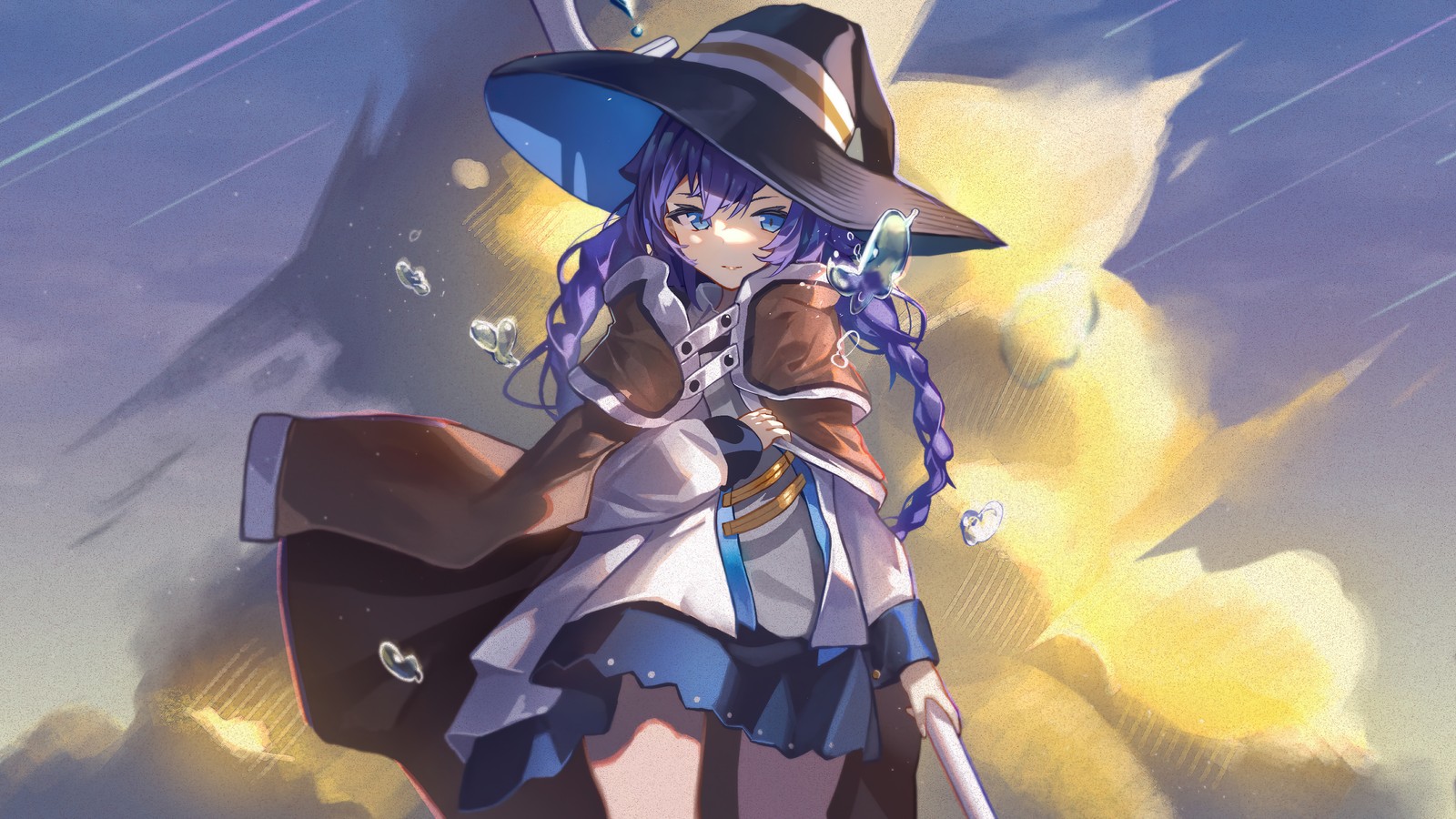 Chica anime con sombrero y capa sosteniendo una espada (roxy migurdia, mushoku tensei isekai ittara honki dasu, anime, isekai ittara honki dasu, lo intentaré seriamente si voy a otro mundo)