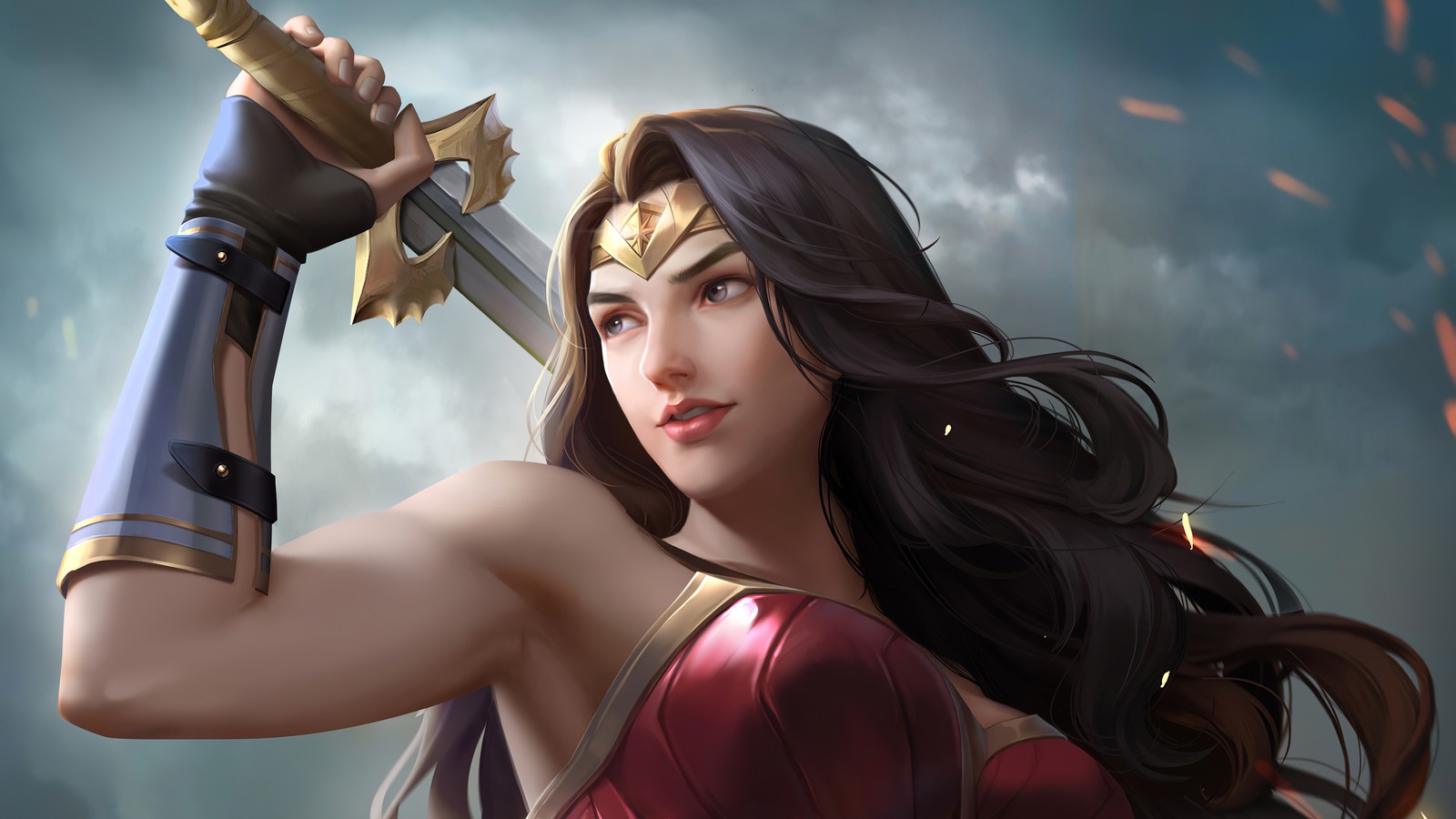 Wonder wonder woman with sword and armor in front of a stormy sky (wonder woman, dc comics, comics, superhero)