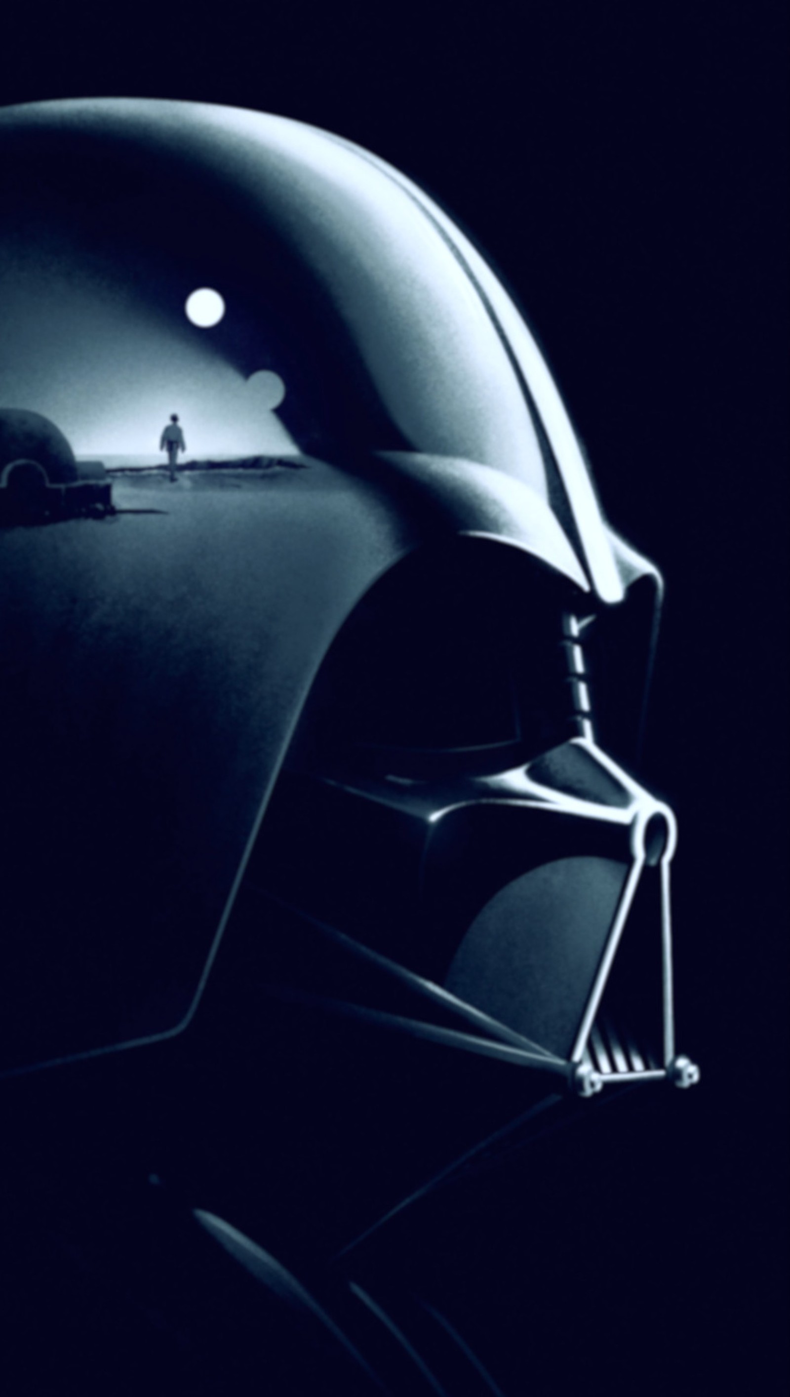 Darth vader helmet with a man standing in the background (darth, star wars, vader)