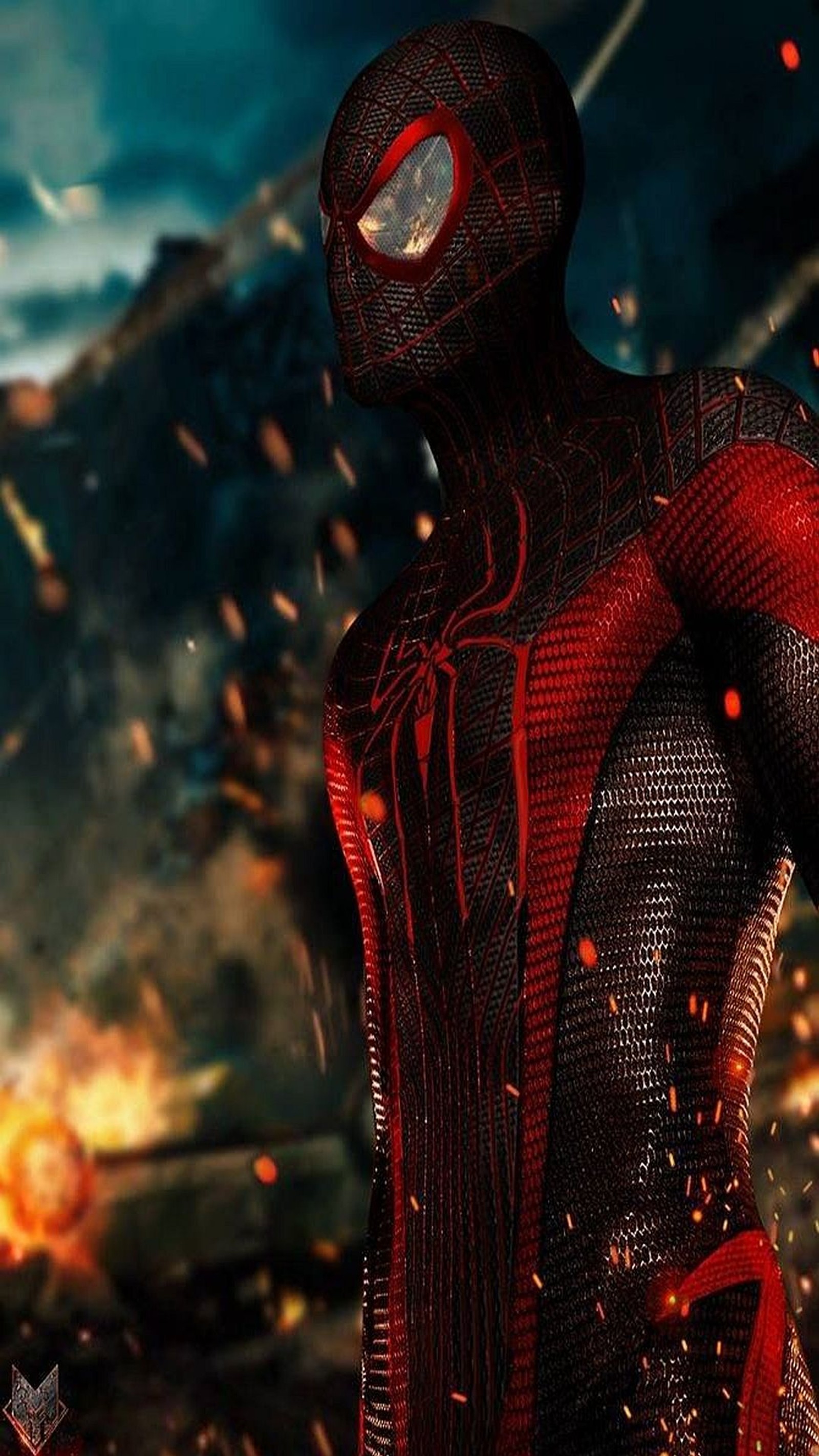 Spider-man en un costume avec une lumière rouge sur son visage (homme, araignée)