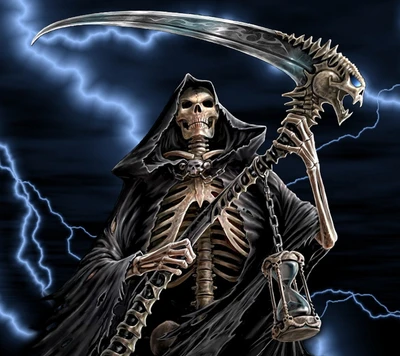 Dark Reaper with Scythe and Hourglass Amidst Lightning