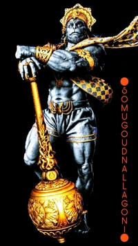 Una poderosa representación del Señor Hanuman, que muestra su fuerza y presencia divina, adornado con un atuendo ornamentado y sosteniendo un garrote dorado.