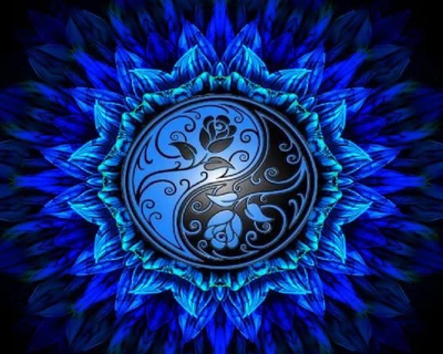 Elegant Blue Floral Mandala with Yin-Yang Design