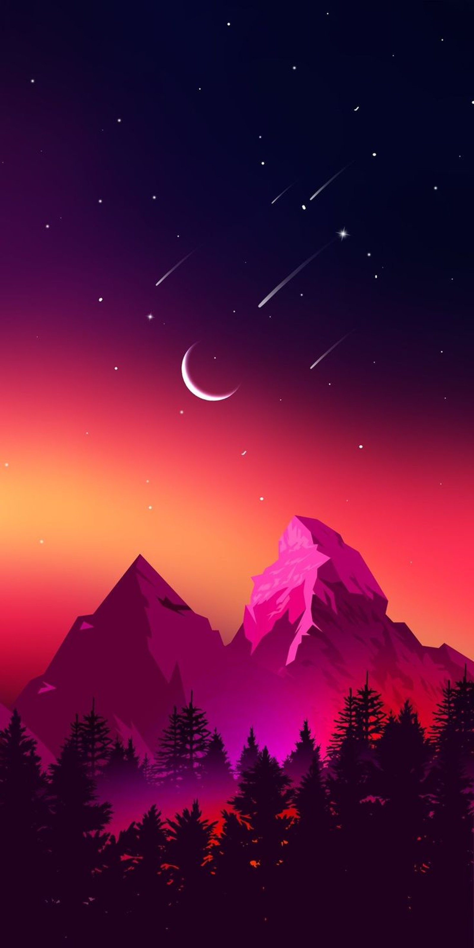 A view of a mountain with a crescent and stars in the sky (mountain, sky, stars)