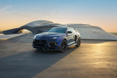 Mansory Venatus Coupe Evo C с Lamborghini Urus на фоне яркого заката.