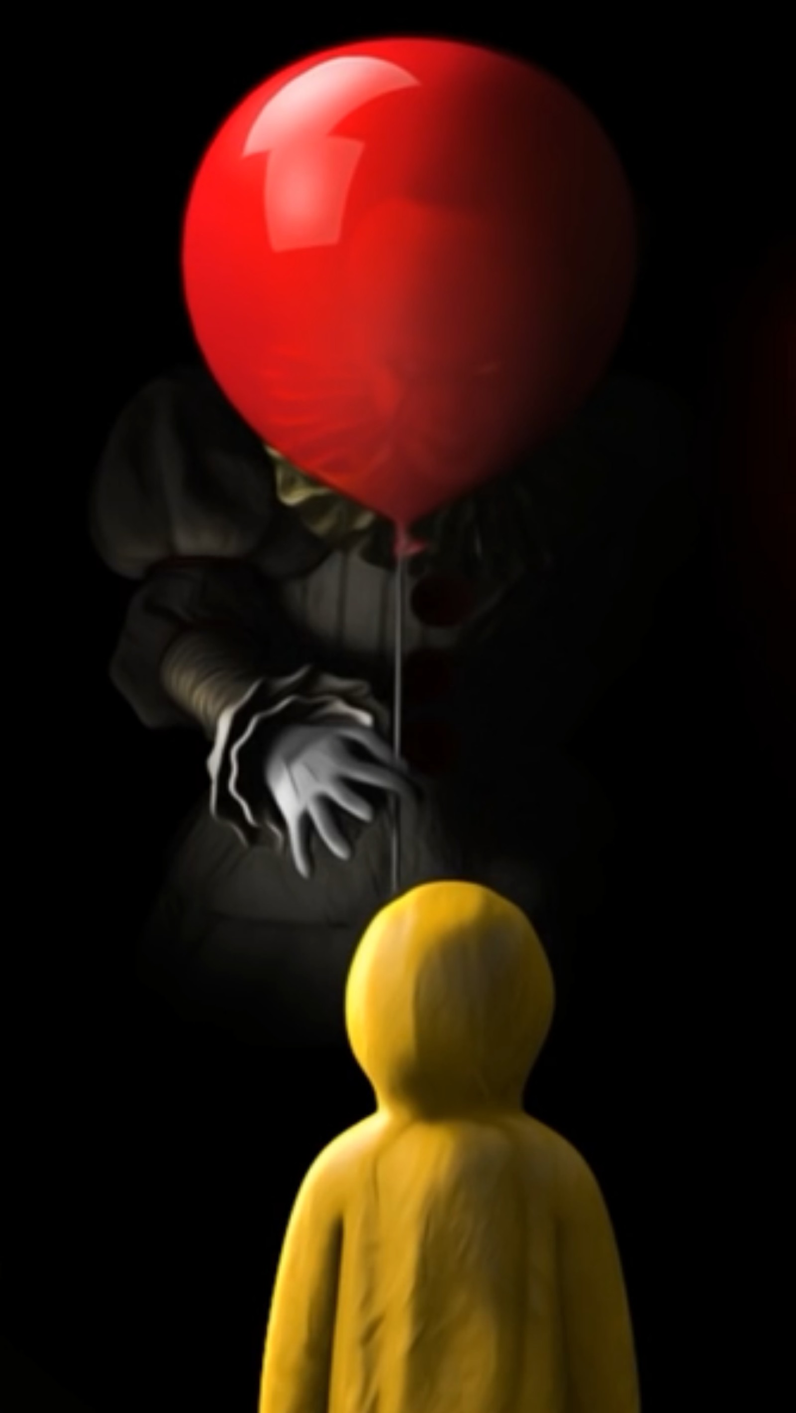 Un primer plano de una persona sosteniendo un globo rojo con cara de payaso (it, pennywise)