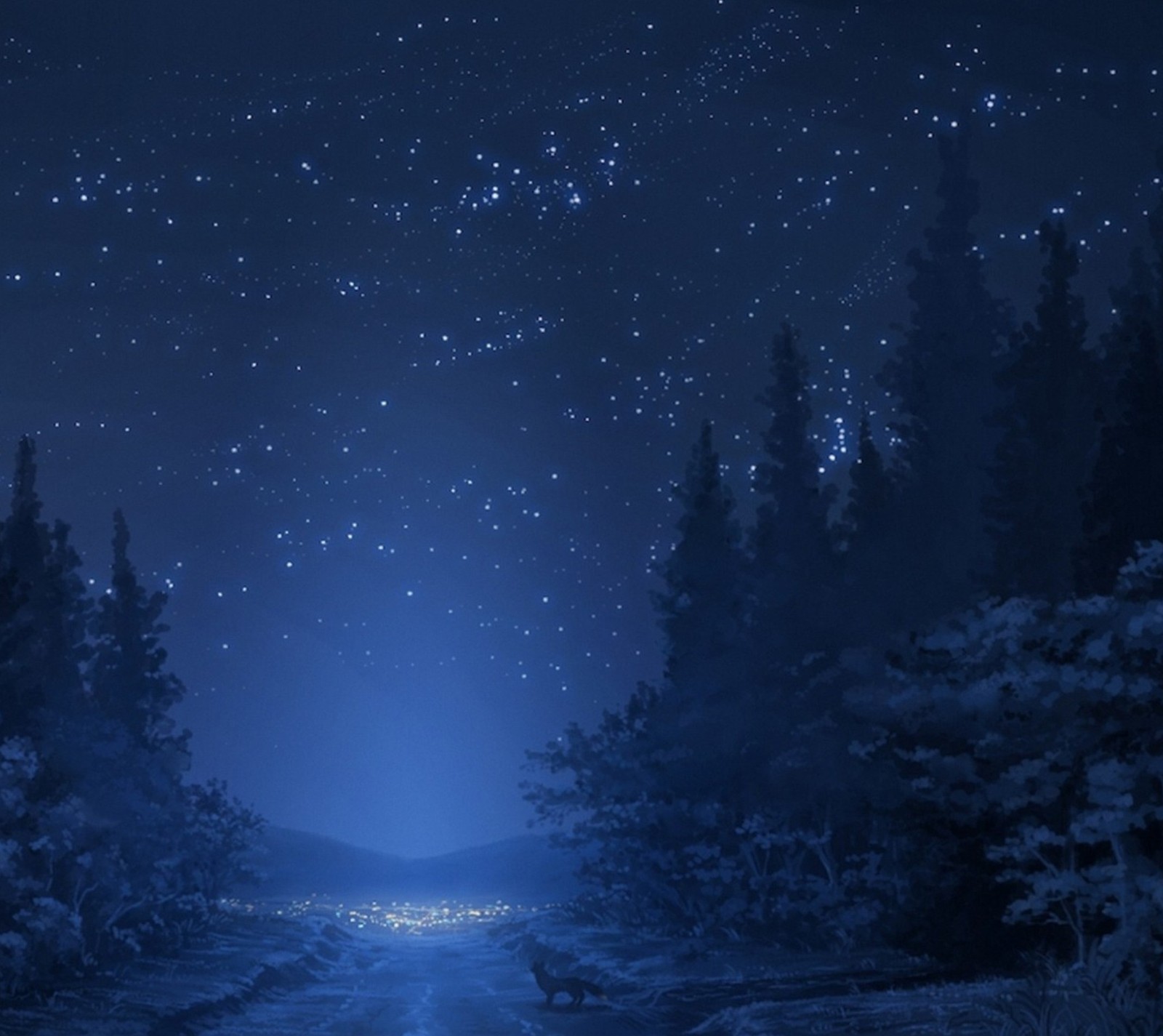 A dark blue night sky with stars and a stream of water (magic, night, snow, stars, winter)