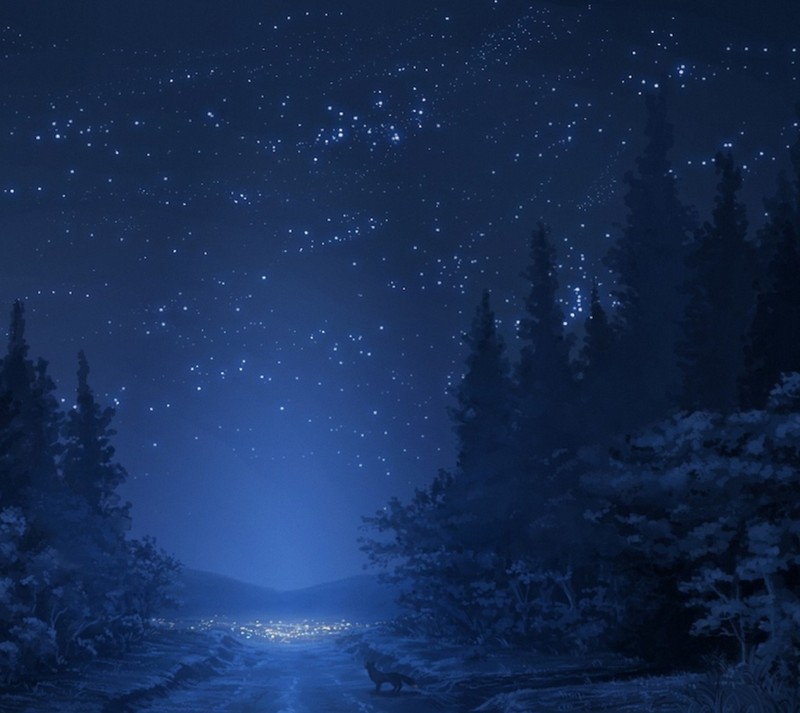 Ciel nocturne bleu foncé avec des étoiles et un cours d'eau (magie, nuit, neige, étoiles, hiver)