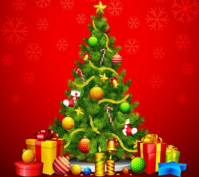 ¡Feliz Navidad! Árbol de Navidad con decoraciones coloridas y regalos