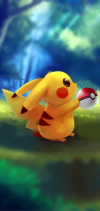 Pikachu sosteniendo una Poké Ball en un entorno forestal vibrante