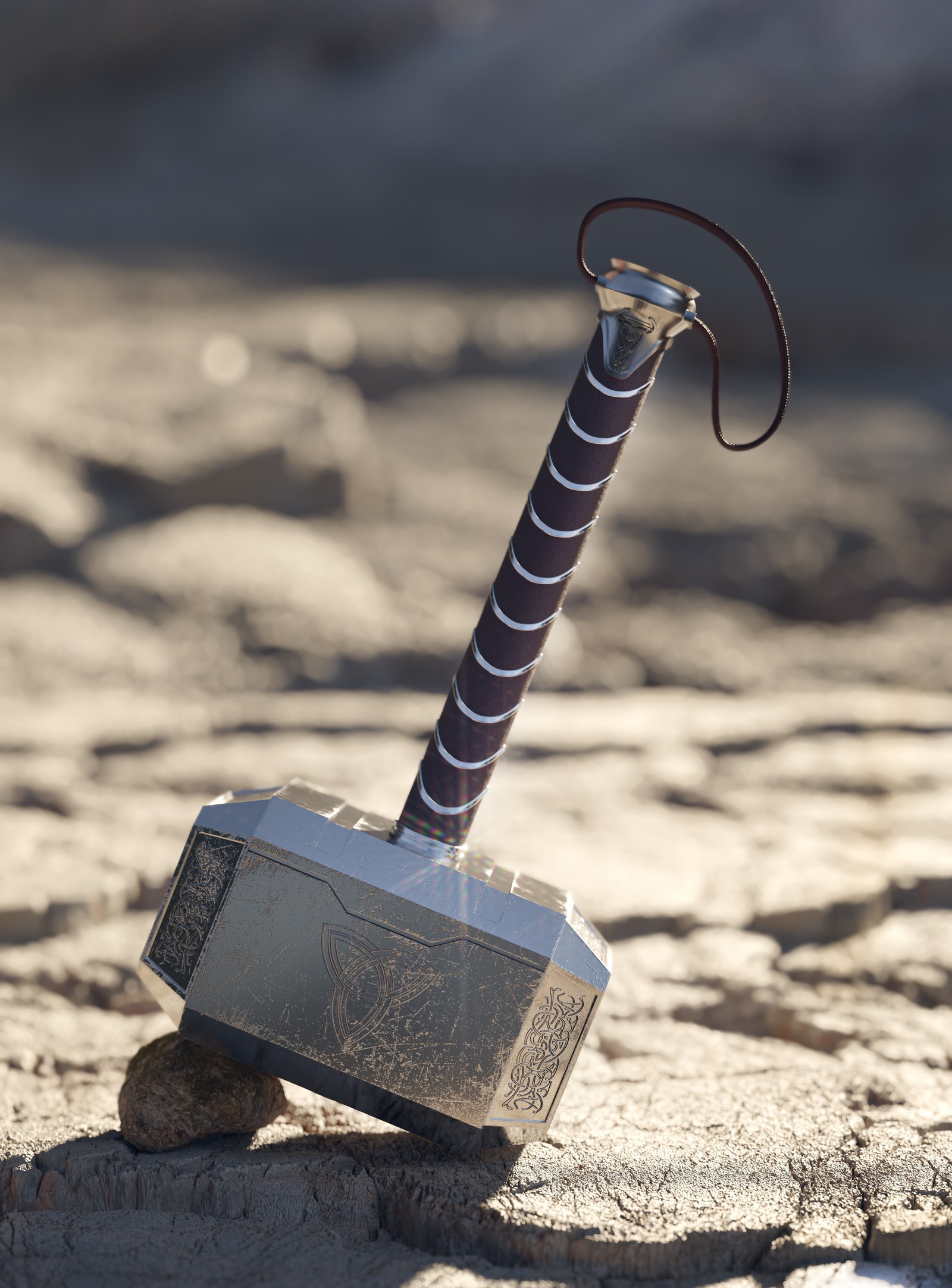 There is a hammer stuck in the sand on the beach (hammer, marvels, movie, thor)