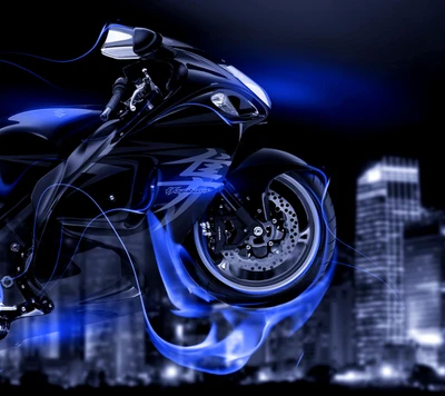 A sleek black motorcycle with blue accents, set against a city skyline, exuding speed and power.