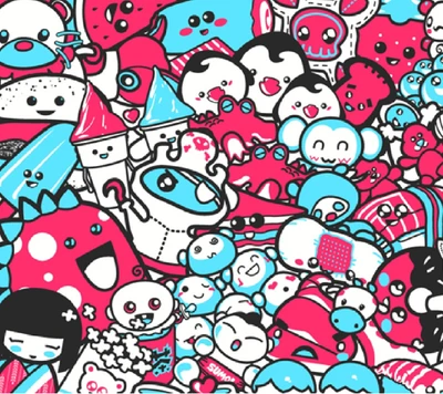 Personnages de dessins animés colorés et ludiques dans un motif fantaisiste