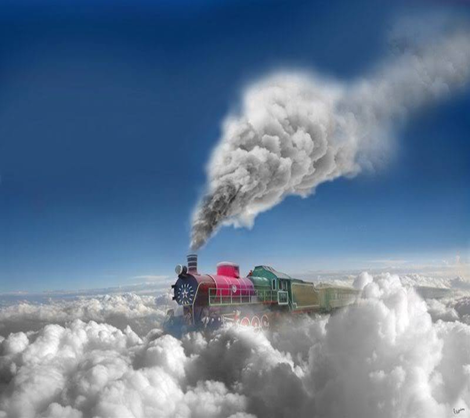 Há um trem viajando pelas nuvens com fumaça saindo dele (paisagem, train and smoke)