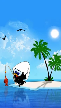 A cute penguin fishing on a tropical island under a bright blue sky.