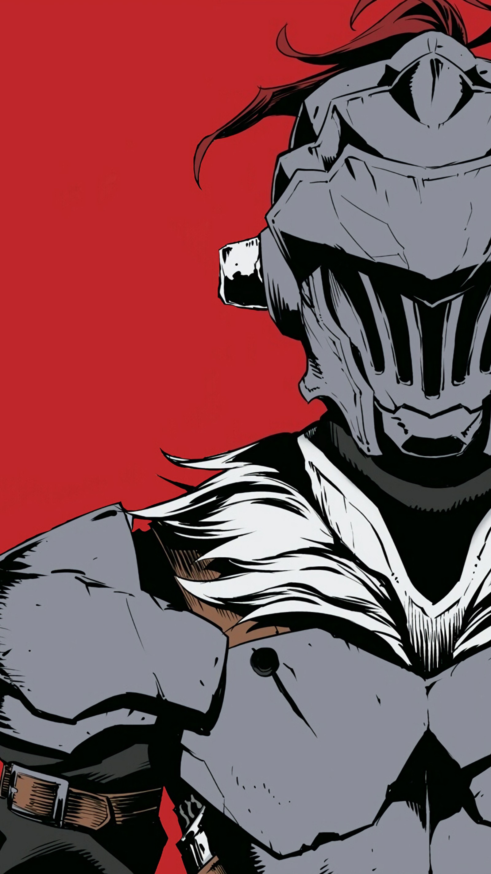 Um close de uma pessoa com um capacete em um fundo vermelho (goblin slayer, escuro)