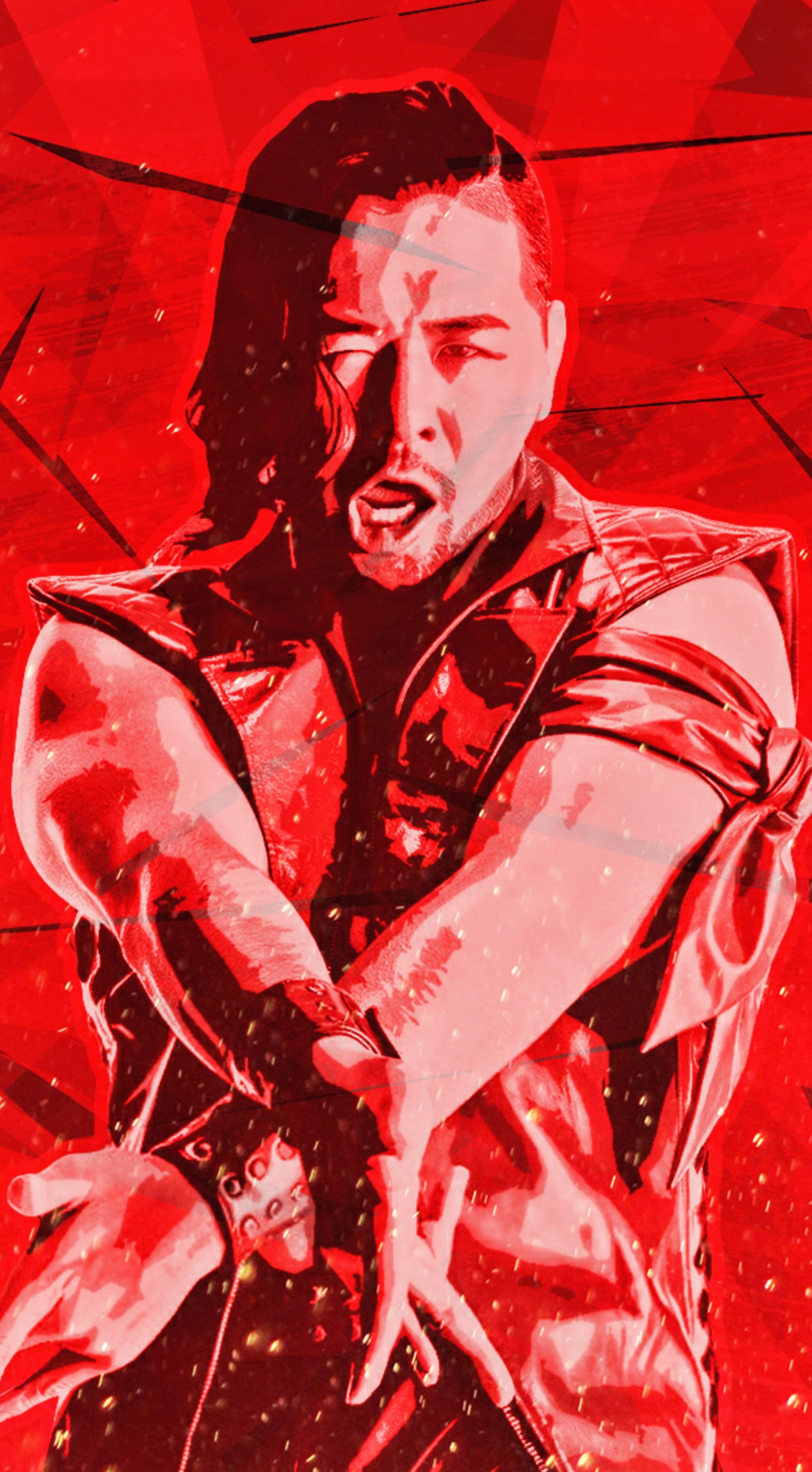 Un primer plano de una pintura de un hombre sosteniendo un cuchillo (king of strong style, nakamura, shinsuke, shinsuke nakamura, the artist)