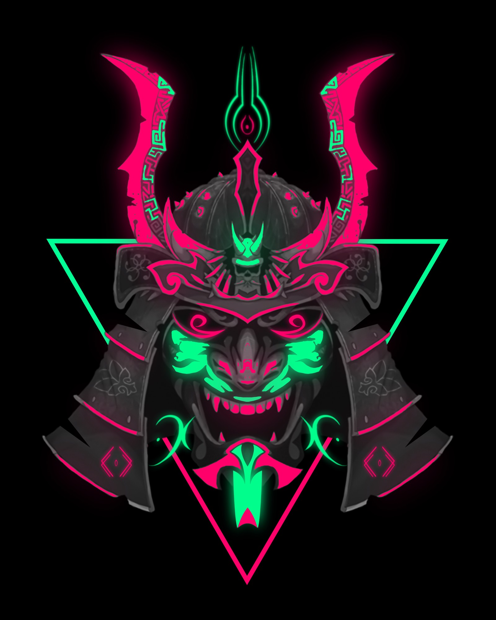 A black background with a neon green and pink demon mask (clown, clowns, neon, oni, samurai)