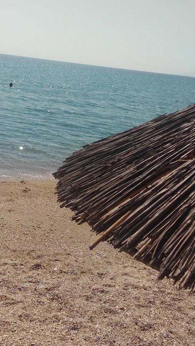 Plage isolée avec parasol en chaume et mer calme