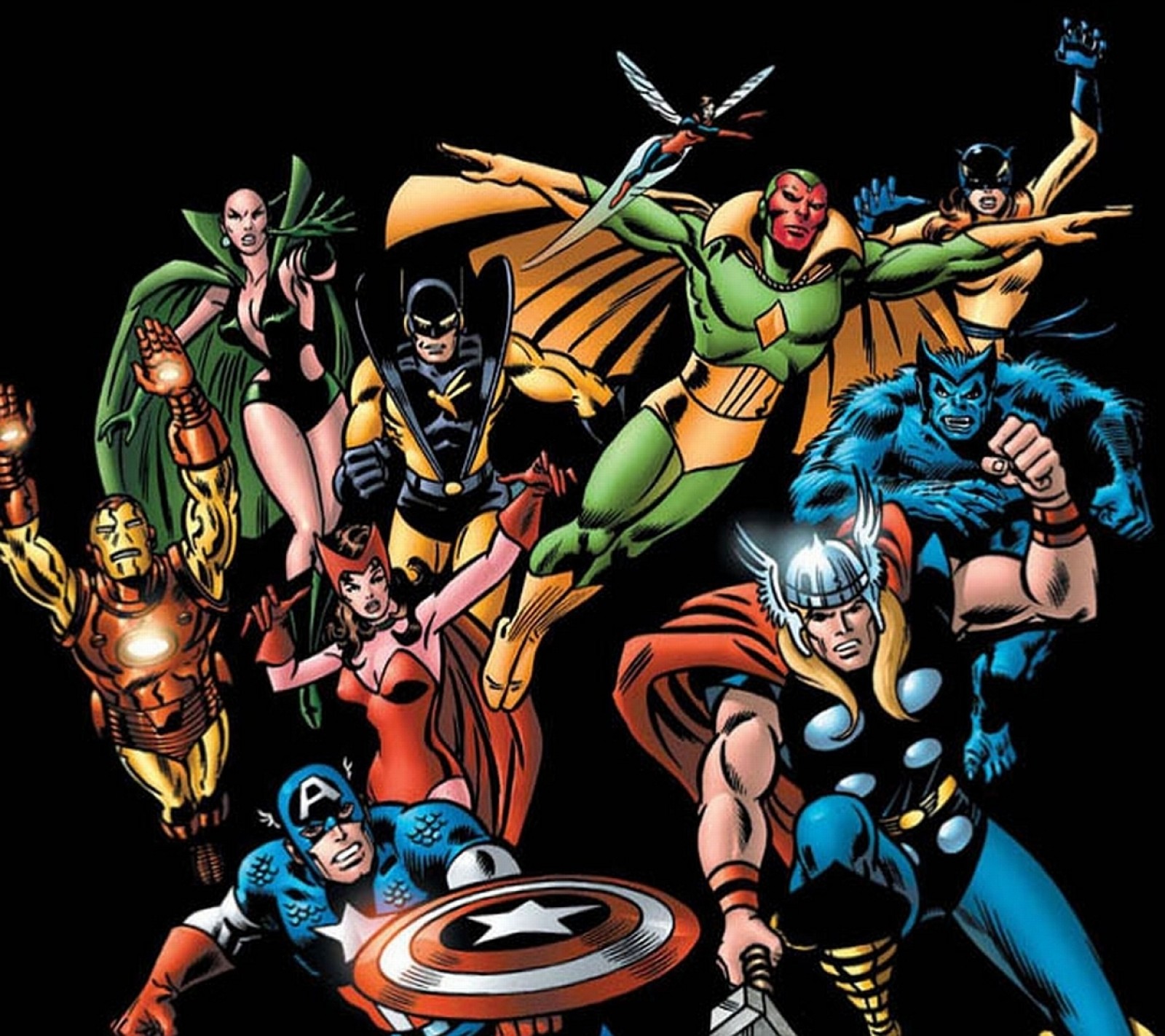 A group of avengers characters standing together in front of a black background (avengers, cartoons)