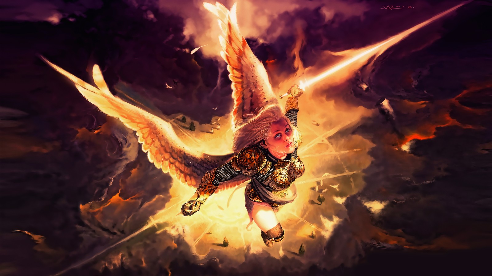 Une femme volant dans les airs avec des ailes et une épée (sorciers de la côte, magic the gathering, dragon, chaleur, feu)