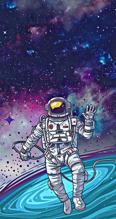 Bunter Cartoon-Astronaut, der in einer Galaxie schwebt