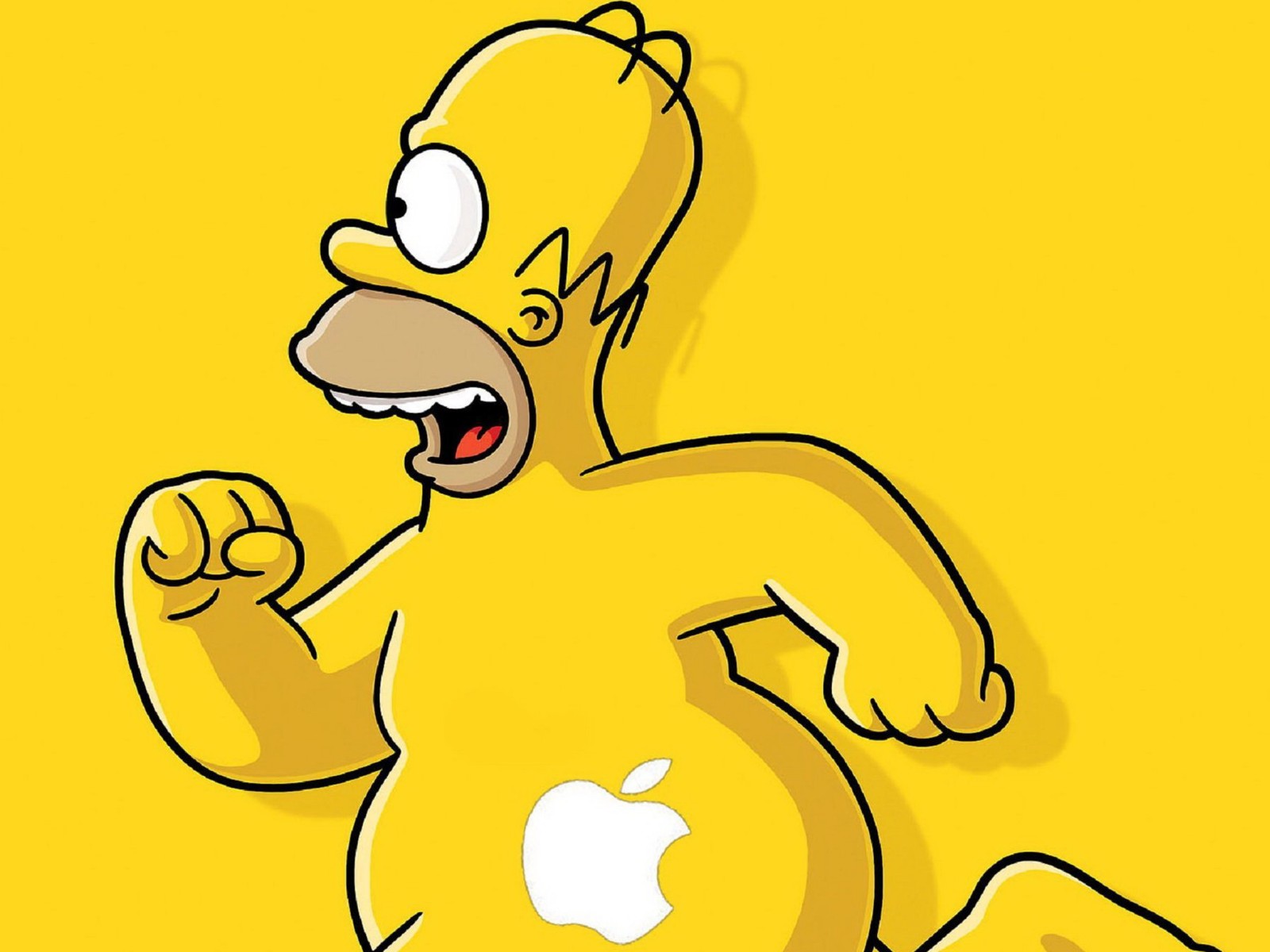 Caricatura de un hombre corriendo con un logo de manzana en su pecho (dibujos animados, homer simpson)