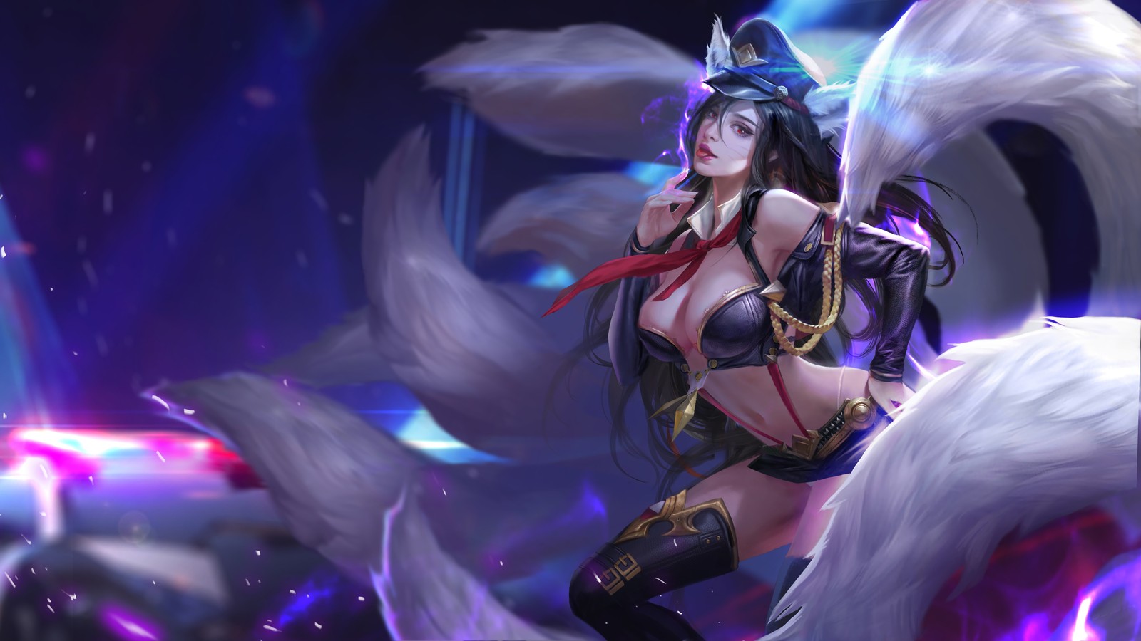 Женщина в черном наряде с крыльями и мечом (ахри, ahri, lol, видеоигра, league of legends)